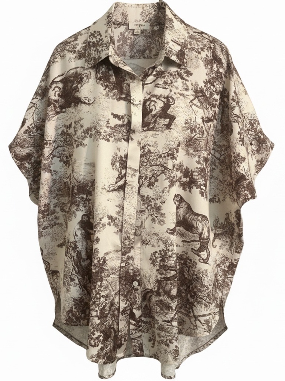 Umgee Cream and Brown Exotic Animal Printed Short Sleeve Button-Up Blouse